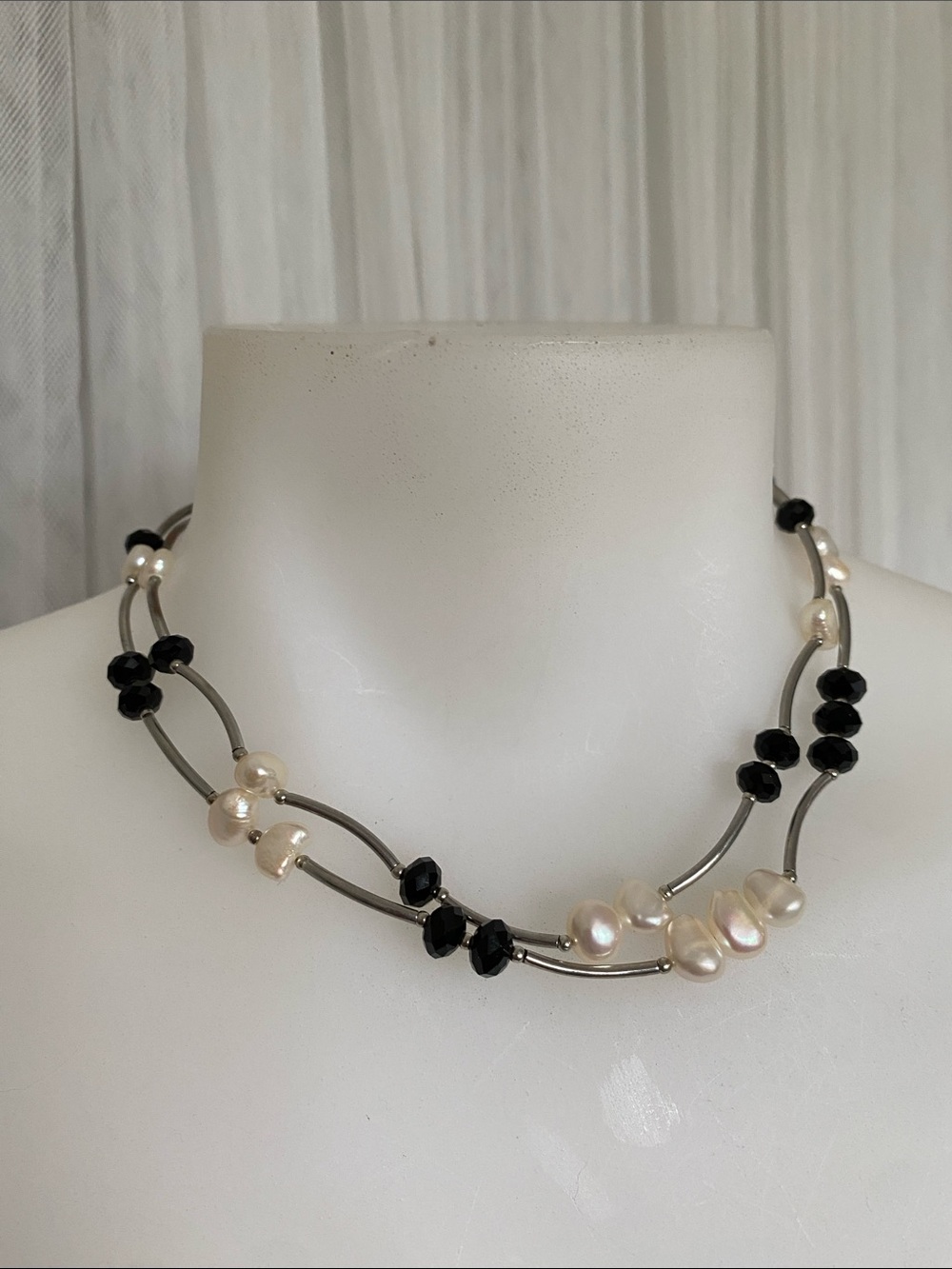 Multi-Strand Black and White Pearl Necklace by Ikita